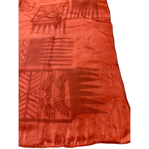 Vintage Hand-Printed Silk Scarf – Abstract Tribal Motif, Rust Red (1950s–1960s) - Picture 3 of 3